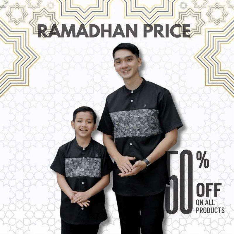 Baju Koko lengan pendek Couple motif kombinasi batik warna hitam Couple Ayah dan Anak premium