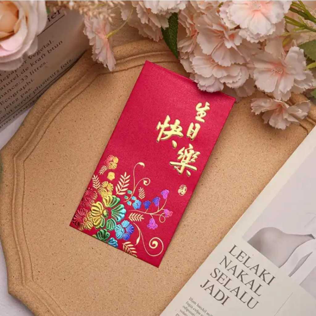 

angpao paper kertas angpau happy birthday sheng ri kuai le gold red flower isi 6 lembar