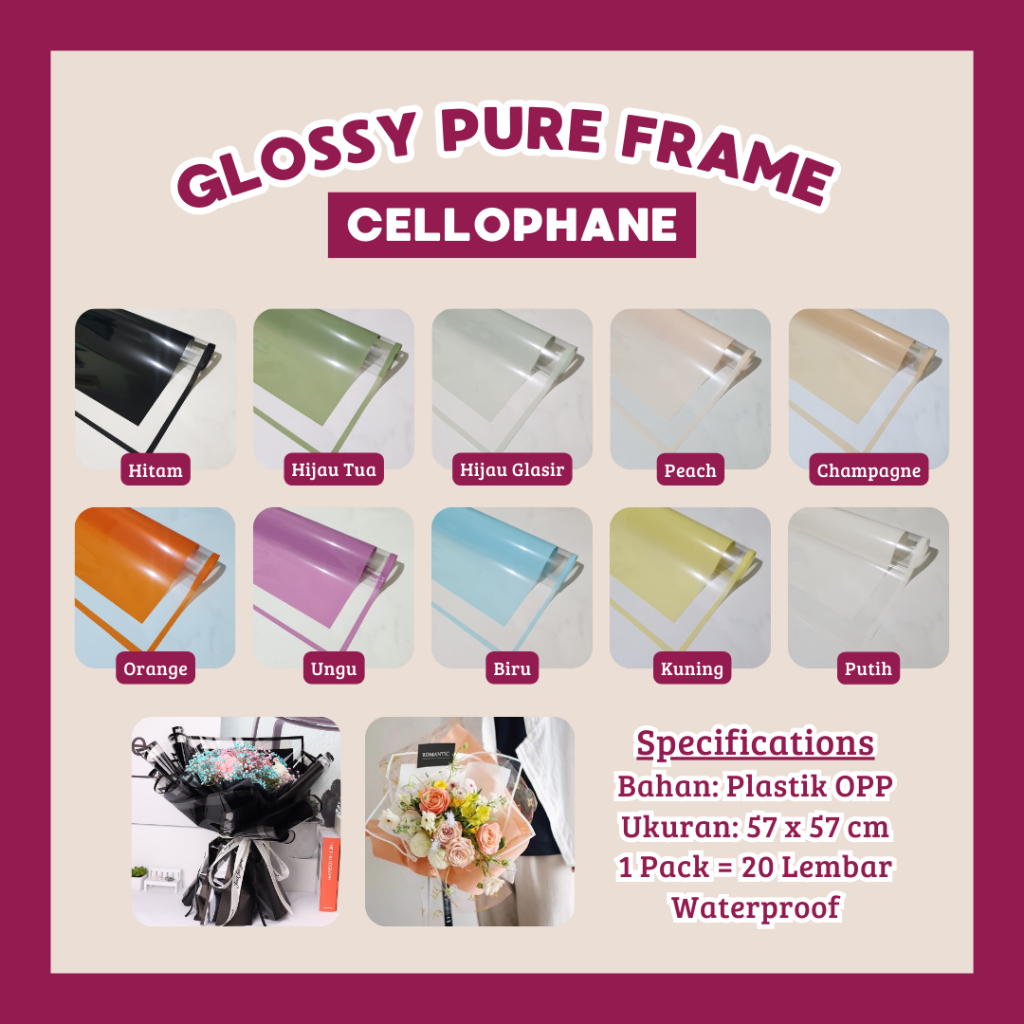 

Flower Wrapping Paper Glossy Pure Frame Cellophane Transparant Kertas Buket Bunga Ecer Per Lembar