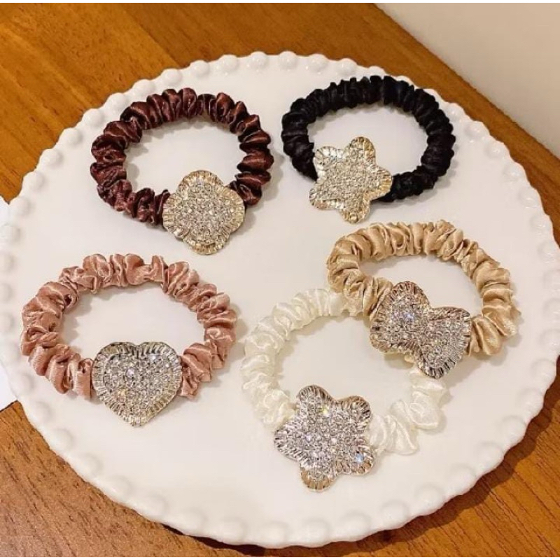 Ikat rambut scrunchie kecil Motif Pita kain Satin karet