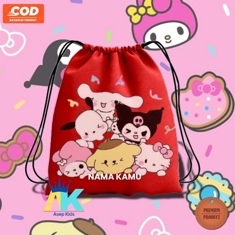 tas serut anak kuromi dan kawan kawan. nama bisa di costum