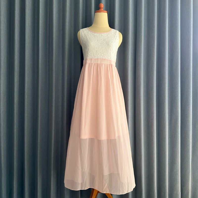 𝙋𝙍𝙀𝙇𝙊𝙑𝙀𝘿 Yoco Two Tone White Pink Sleeveless Maxi Long Dress Fairy Fashion Wanita