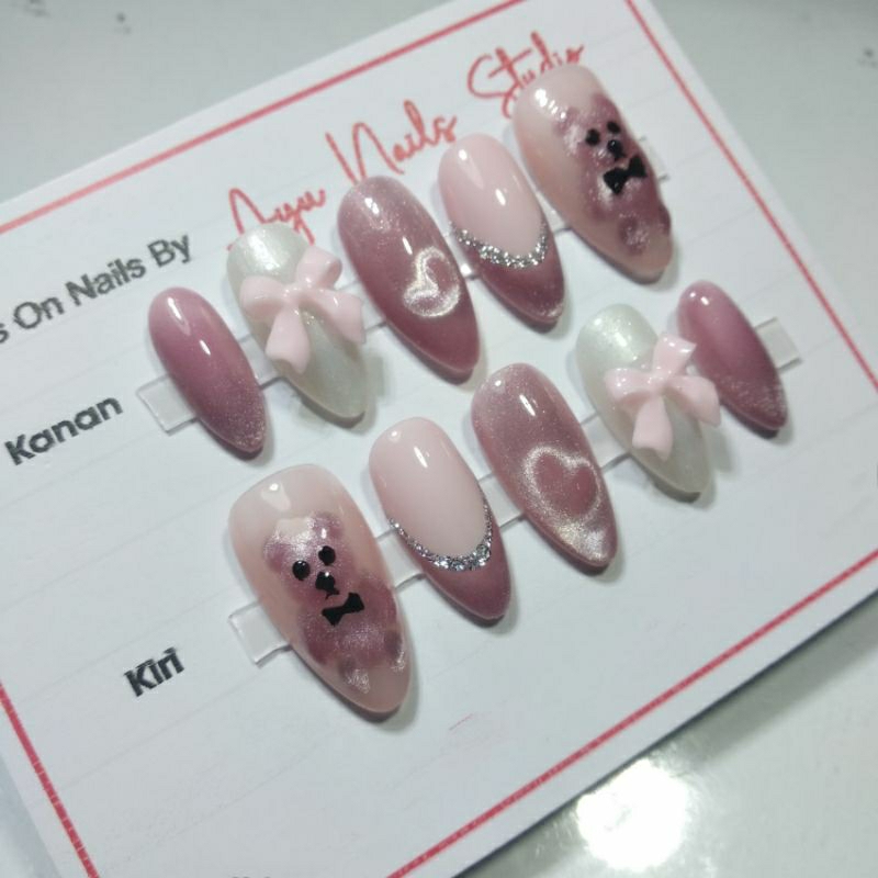 Press On Nails Kuku Palsu soft pink cat eye motif beruang cute Free Toolkits
