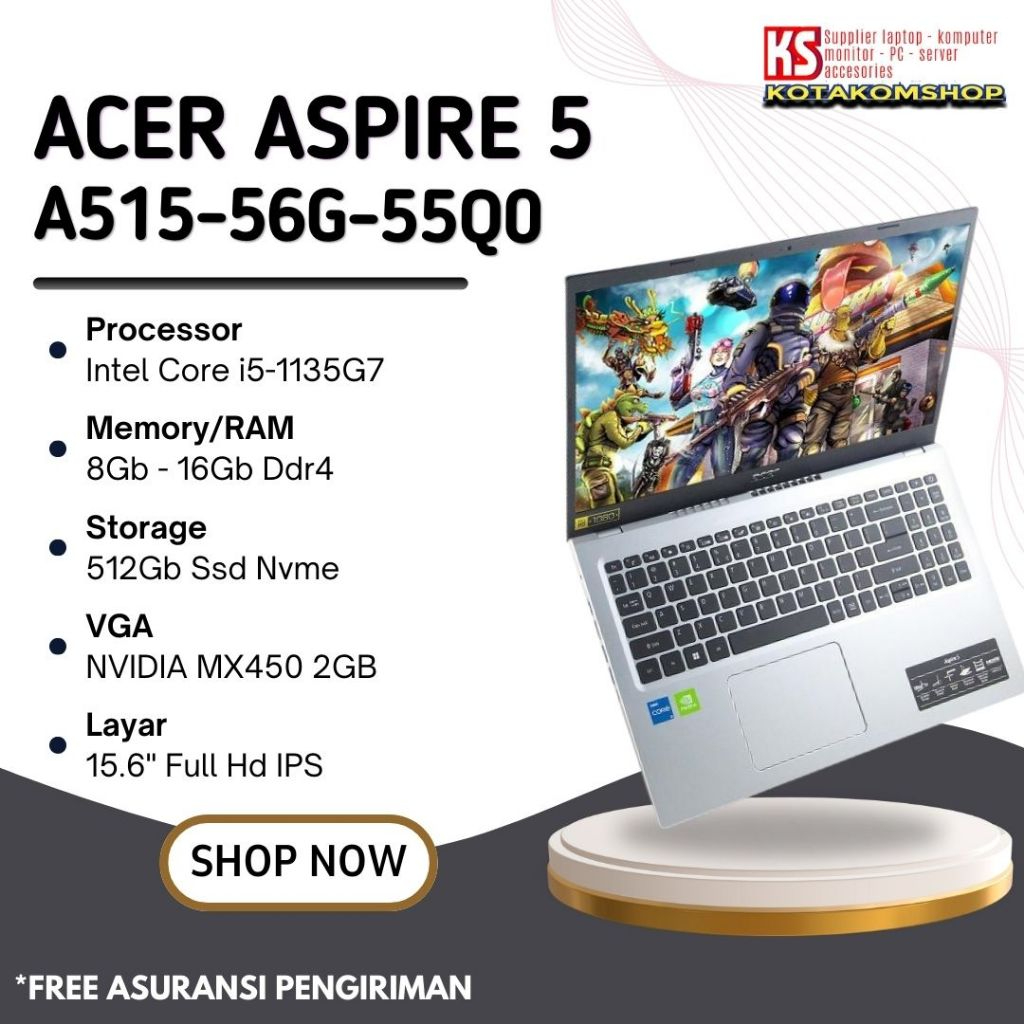 Laptop Acer Aspire 5 A515 - 55Q0 Core i5 - 1135G7 Ram 8GB Ssd 512GB 15.6" Fhd IPS - Laptop editing