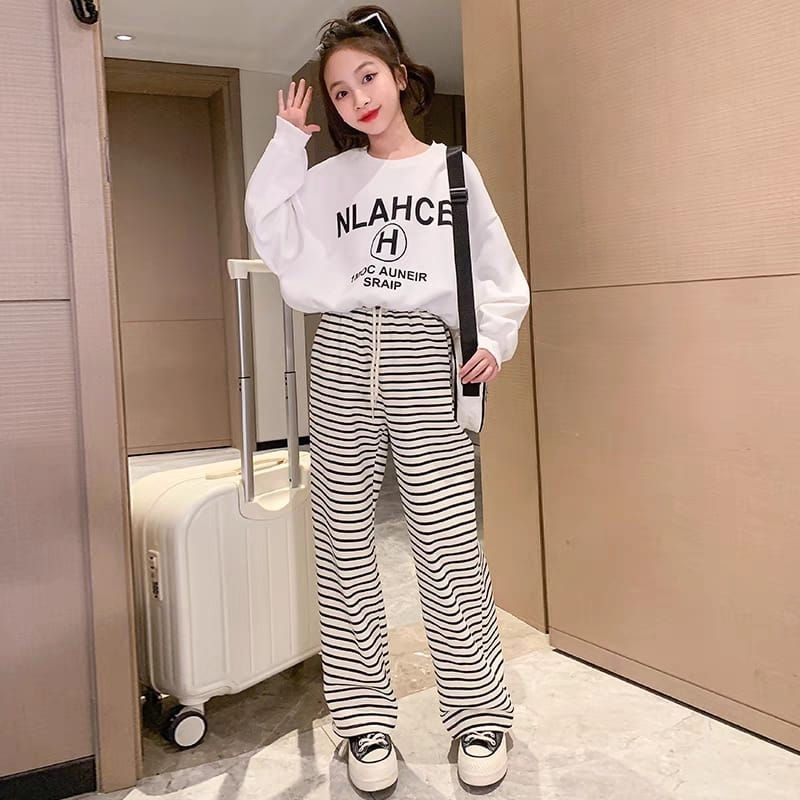 Setelan Anak  Sweater Crop Celana Stripes/Setelan lengan panjang celana panjang