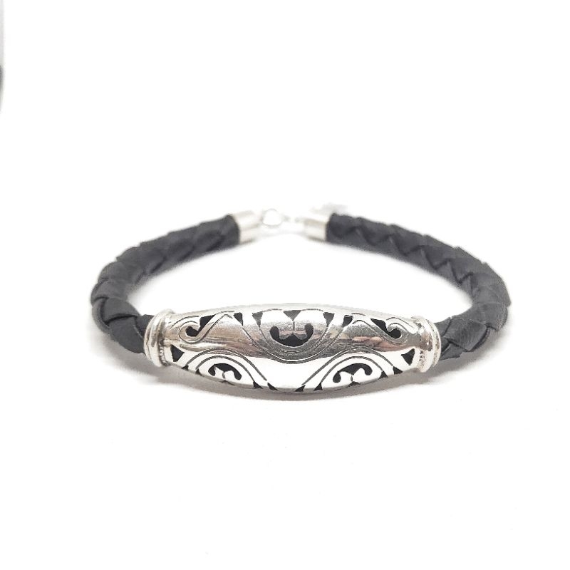 Gelang Brecelet Kulit Anyam Leather Bunga Kepang Perak Silver Bali Asli 925 Pria Wanita