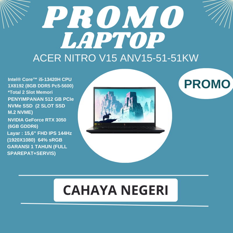 PROMO LAPTOP GAMMING Acer Nitro V15 ANV15-51-51KW Intel i5-13420H NVIDIA RTX 3050 THUNDERBOLT 4+TAS