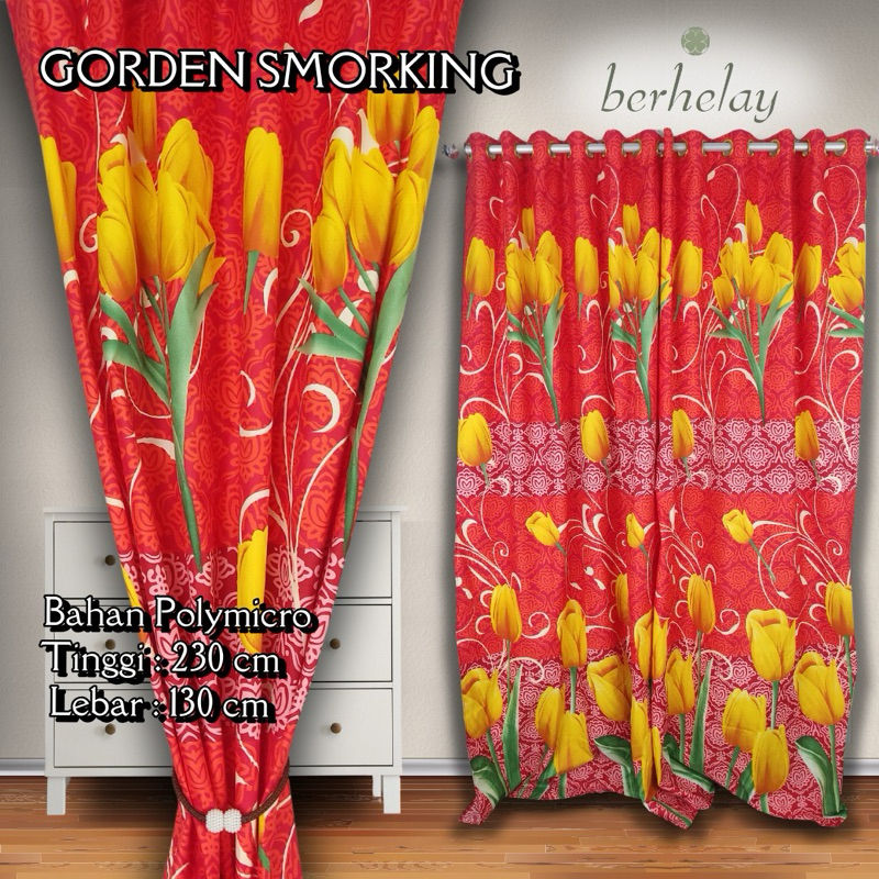 Gorden Smokring Polymicro Pintu Atau Jendela Motif Bunga Tulip Kuning Merah