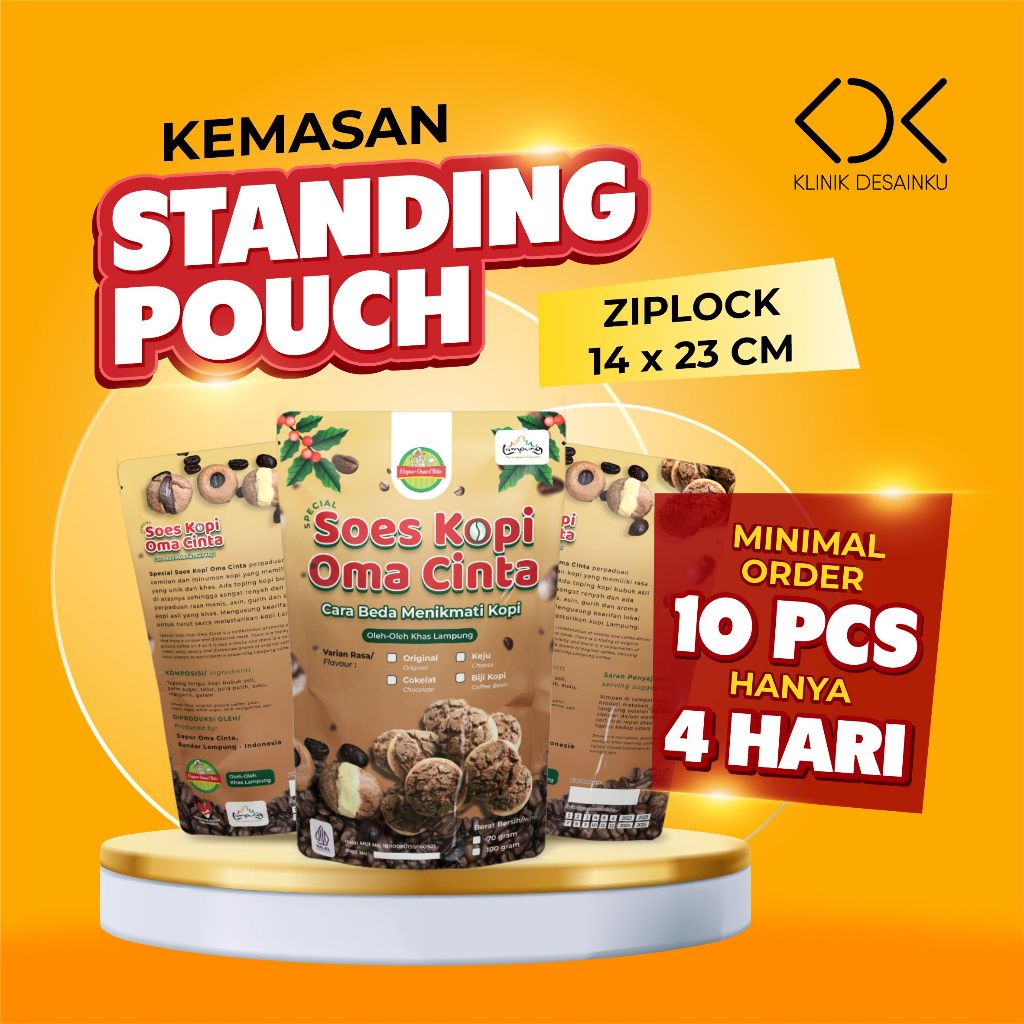 Cetak Kemasan Standing Pouch Snack & Keripik Custom | Ziplock 14x23cm | Murah Satuan 10 Pcs | Selesa