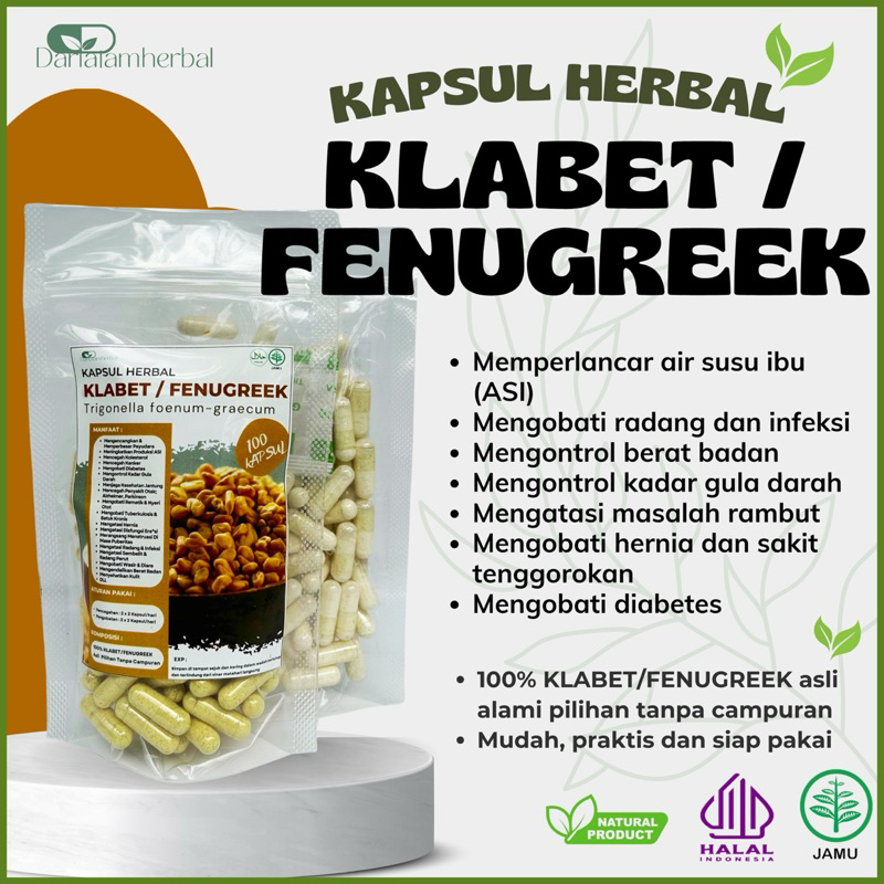 Kapsul Herbal KLABET / FENUGREEK isi 100 kapsul | Kapsul Sejuta manfaat asli 100% Klabet / Fenugreek
