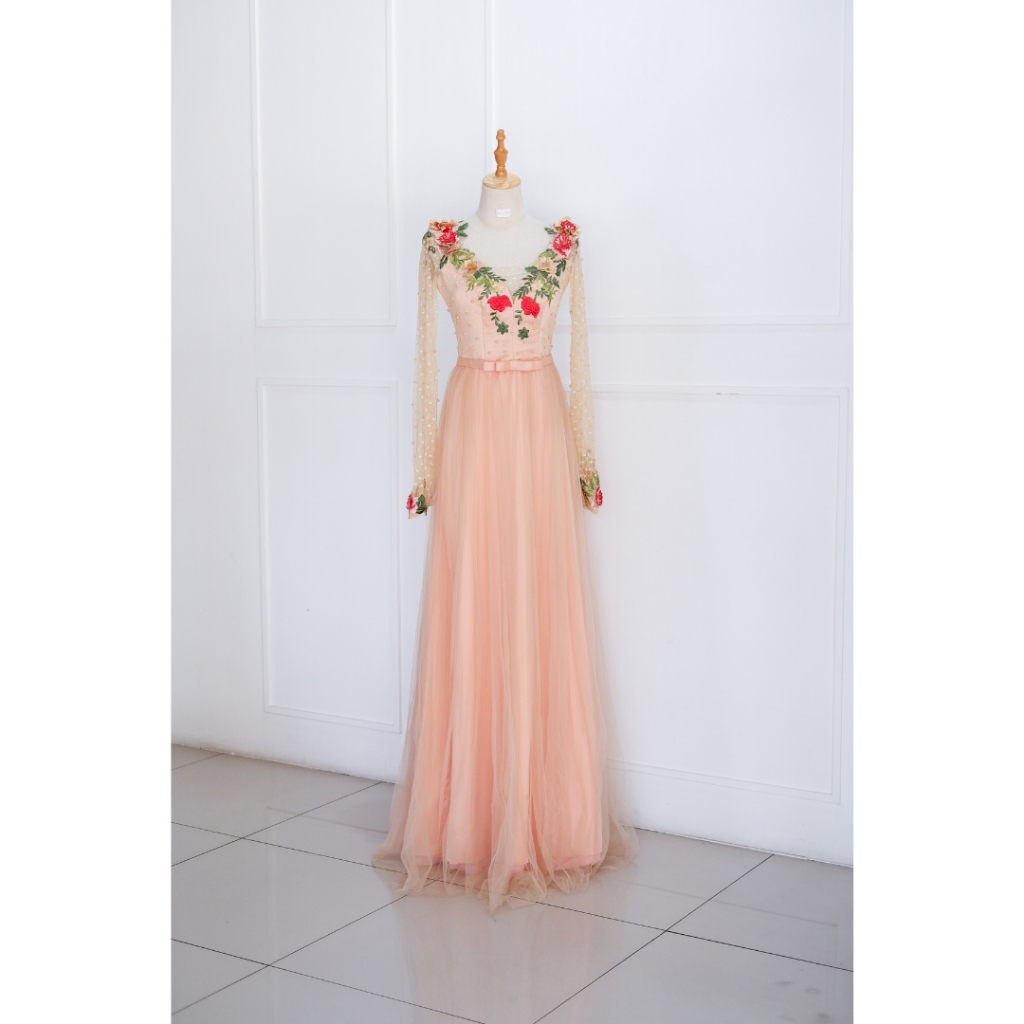 Peach 3D Flower Long Dress Mewah Preloved Second