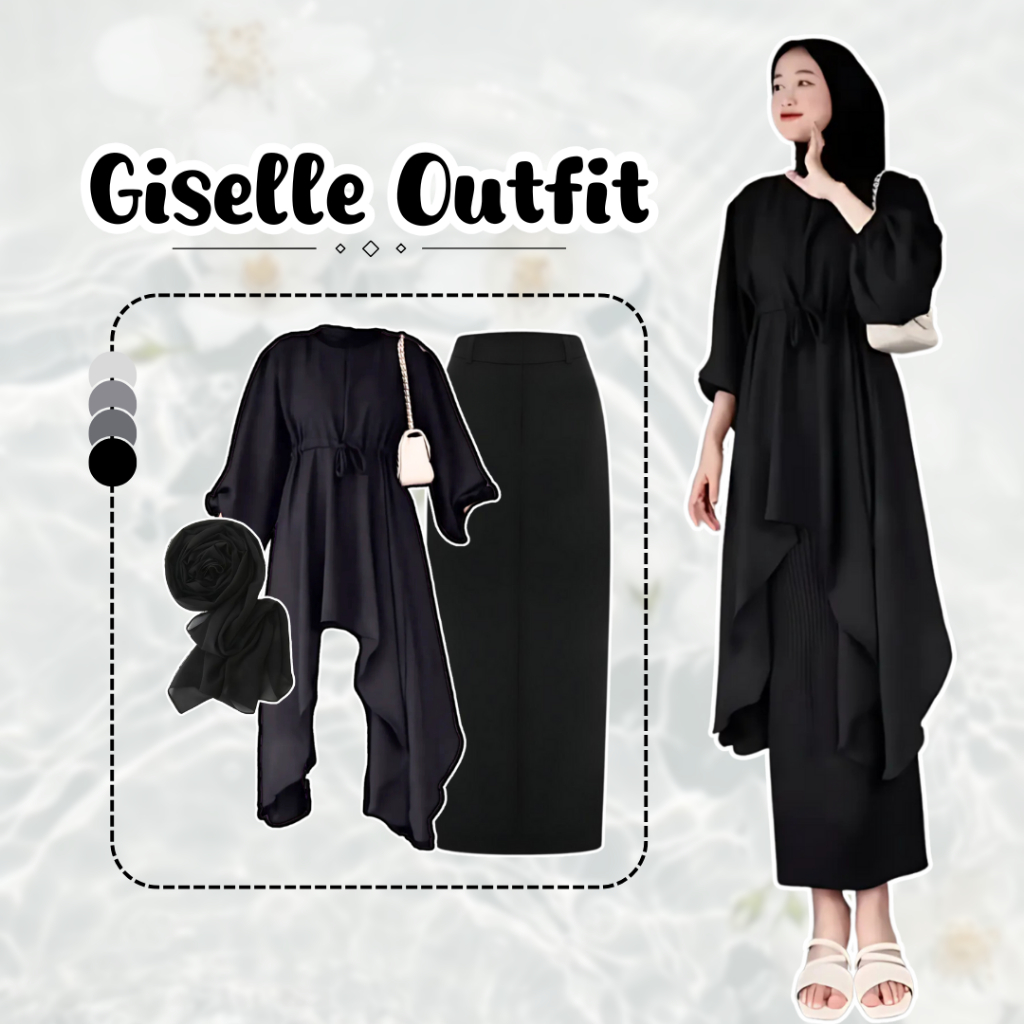 One Set Wanita Setelan Ramadhan (Tunik + Rok Span + Hijab) OOTD Outfit Kekinian - DS075 N
