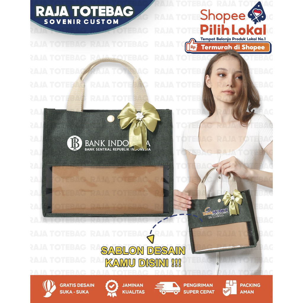 Tas Hampers Kanvas-Tas Totebag Custom Sablon-Tas Hampers Mika Custom-HIJAU + PITA