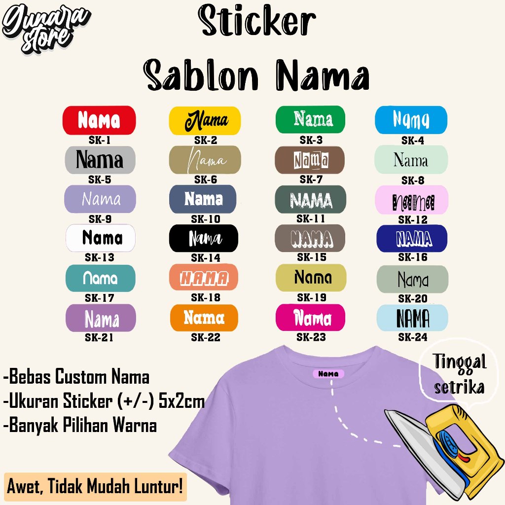 

Gunara Stiker Kain Label Nama Baju Kaos Sablon Setrika Custom Tulisan nama sablon 5x2cm (isi 20pc)