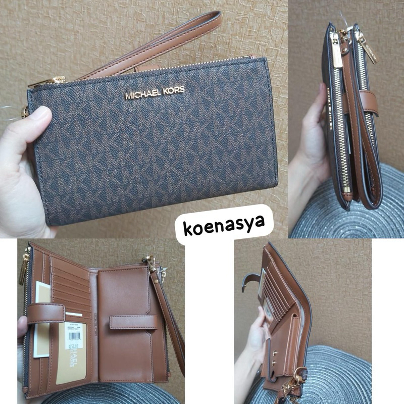 dompet wanita mk original wallet wrislet jet set travel double zip sign brown new
