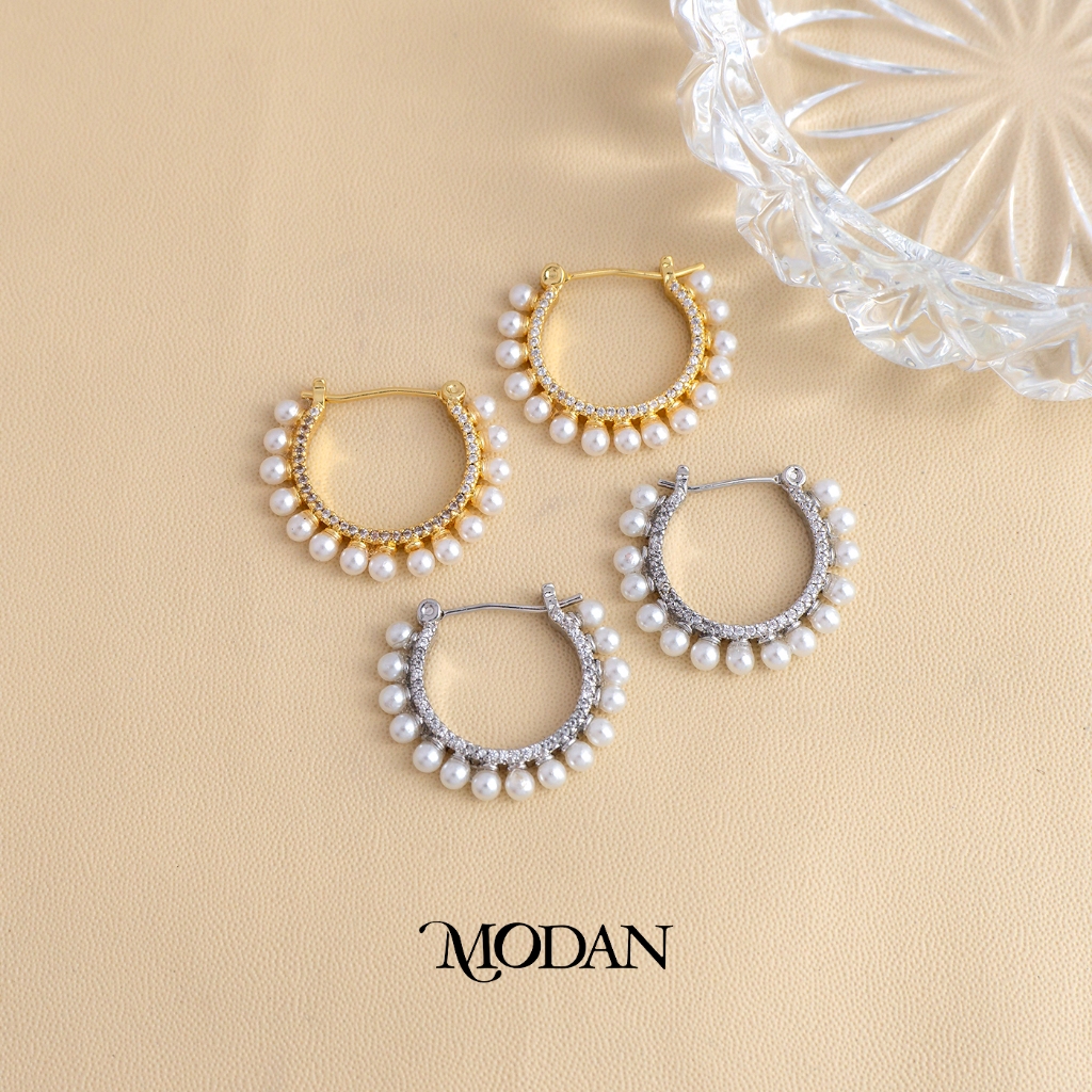 Modan - Pearl Lined Dotted Hoops Gold Filled / White Gold Filled Earrings Anting Mutiara