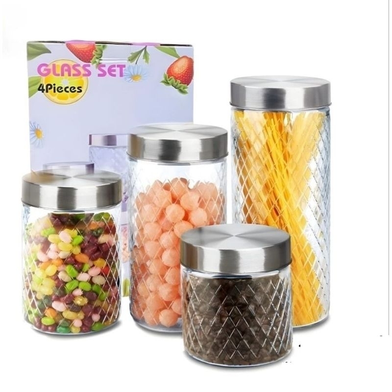 Toples Kaca Set / Toples Kristal Kaca 1 Box isi 4 pcs Toples Lebaran Penyimpanan Kue Kering