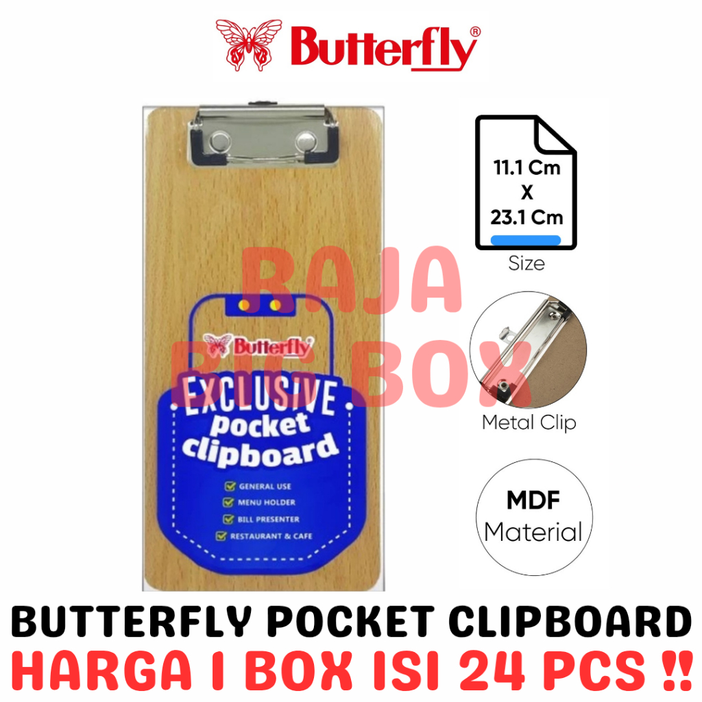 

BUTTERFLY POCKET CLIPBOARD EXCLUSIVE PAPAN JALAN KANTONG ALAS MENU KERTAS UJIAN BUTTERFLY POCKET BOX [24PCS] RAJA BIG BOX