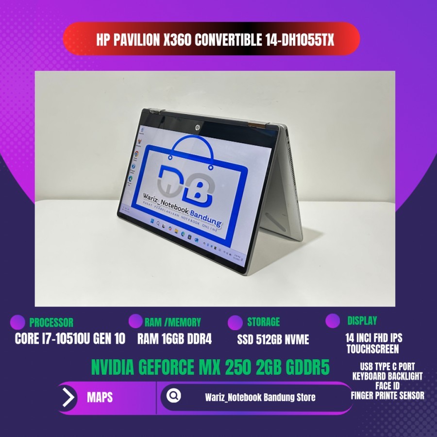 HP PAVILION X360 14DH1055TX CORE I7-10510U NVIDIA MX 250 RAM 16GB SSD 512GB 14inci FHD TOUCHSCREEN