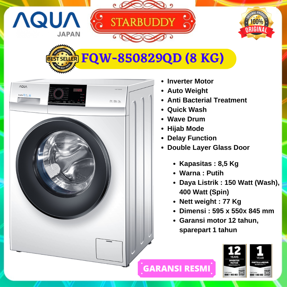 MESIN CUCI AQUA FQW-850829QD , 850829 QD FRONT LOADING INVERTER 8,5 KG (KARGO)