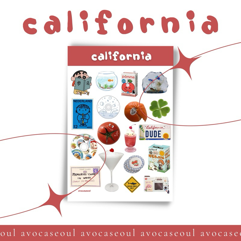 

sticker sheet california aesthetic ins korea untuk dekorasi scrapbook, deco pola, journaling, phonecase, headphone, stiker lucu