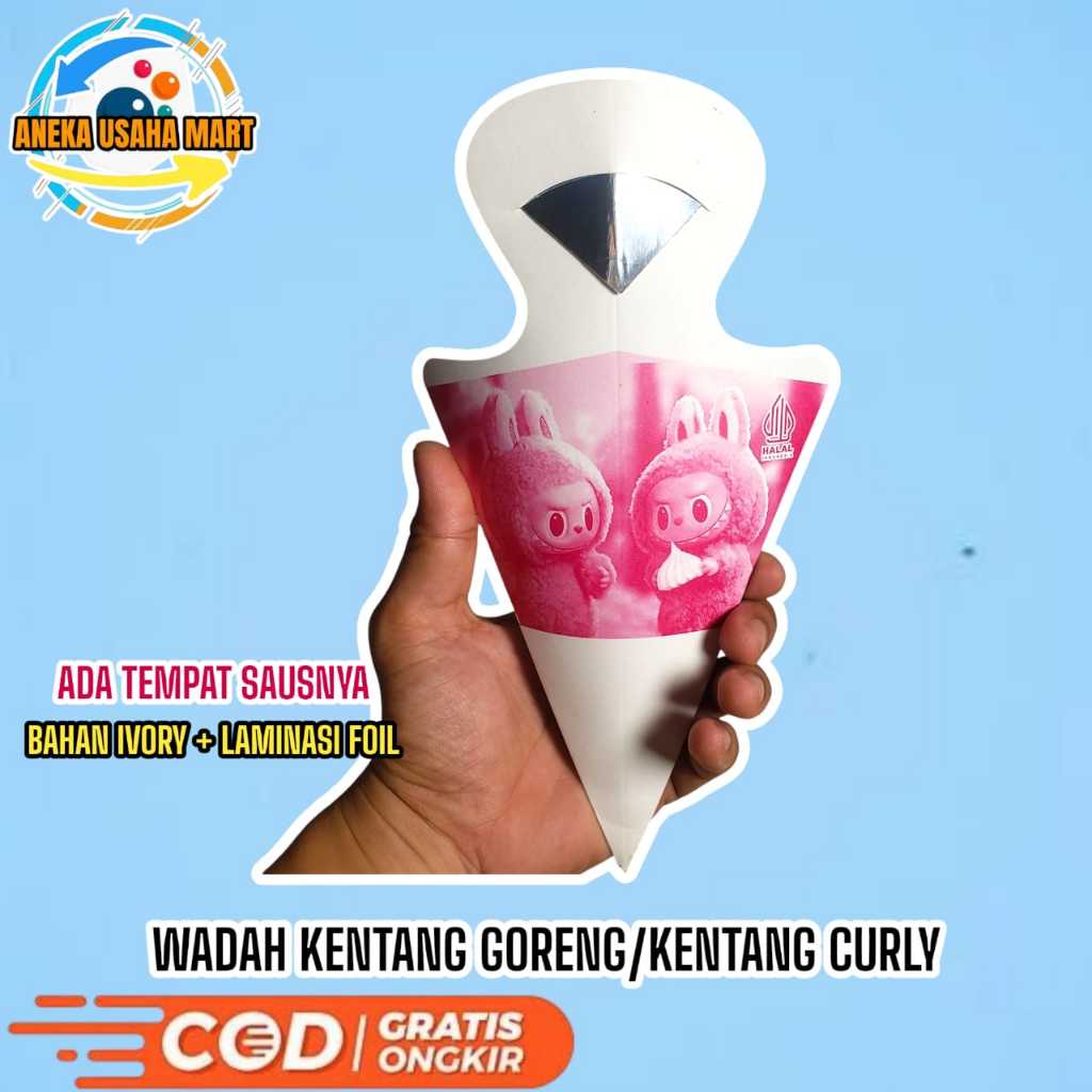

Aneka Usaha Mart 50 pcs Dus Curly Bahan Ivori + Laminasi Foil - Kertas Kentang Curly