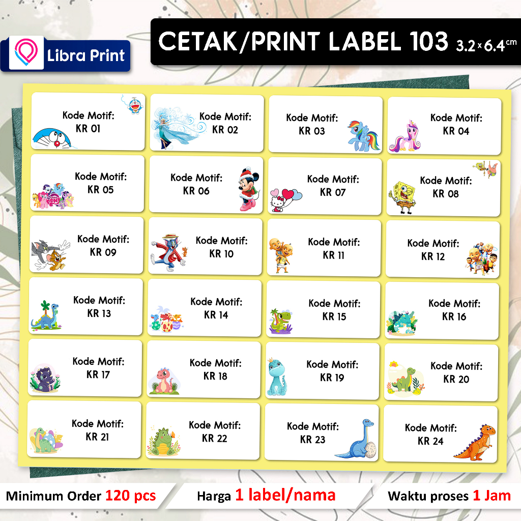 

CETAK STIKER LABEL 103 / PRINT LABEL NAMA UNDANGAN / LABEL BUKU MOTIF KARTUN & DINO