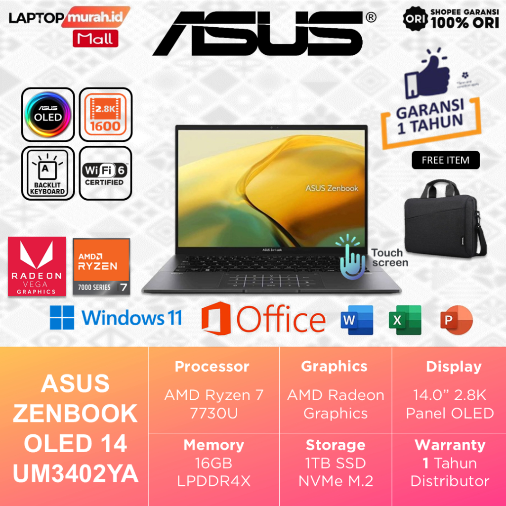 Laptop Asus Zenbook OLED Ryzen 7-7730U 16GB 1TB 14.0" 2.8K Touch Windows 11 - Asus Zenbook UM3402YA