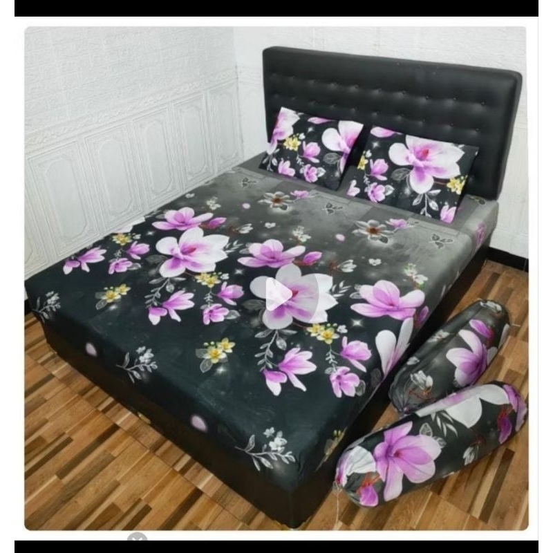 Sprei Bunga Hitam dengan Motif Daun dan Hibiscus