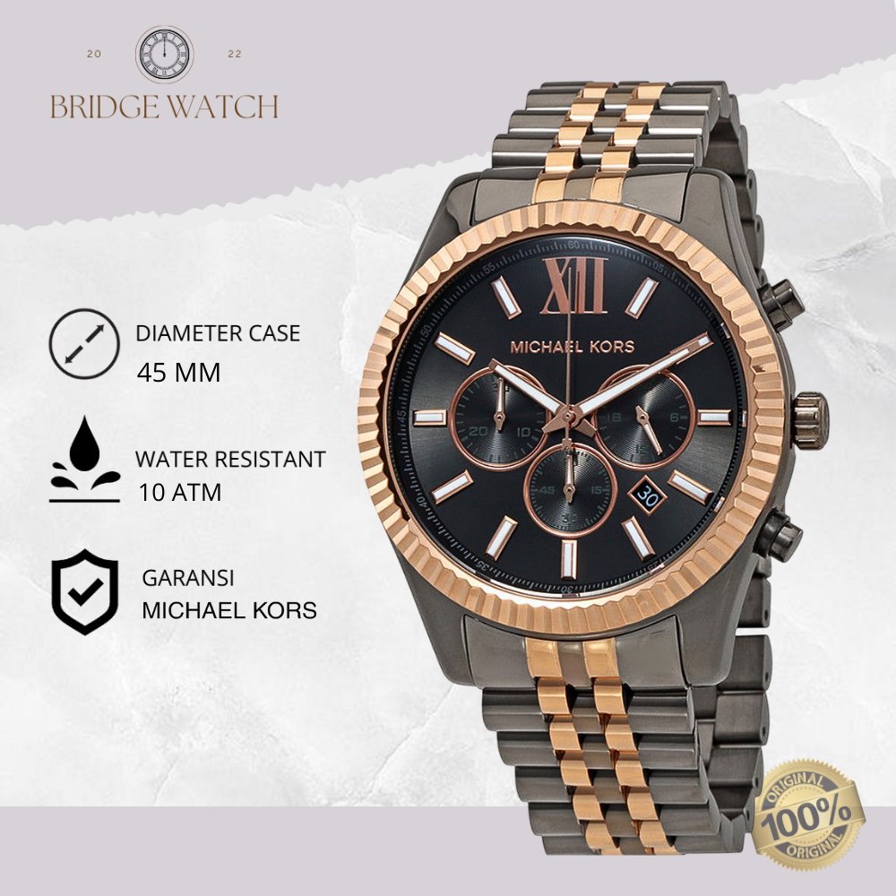 Jam Tangan Pria Michael Kors MK8561 Lexington Chronograph Grey Gold Stainless Steel Strap Rantai Mew