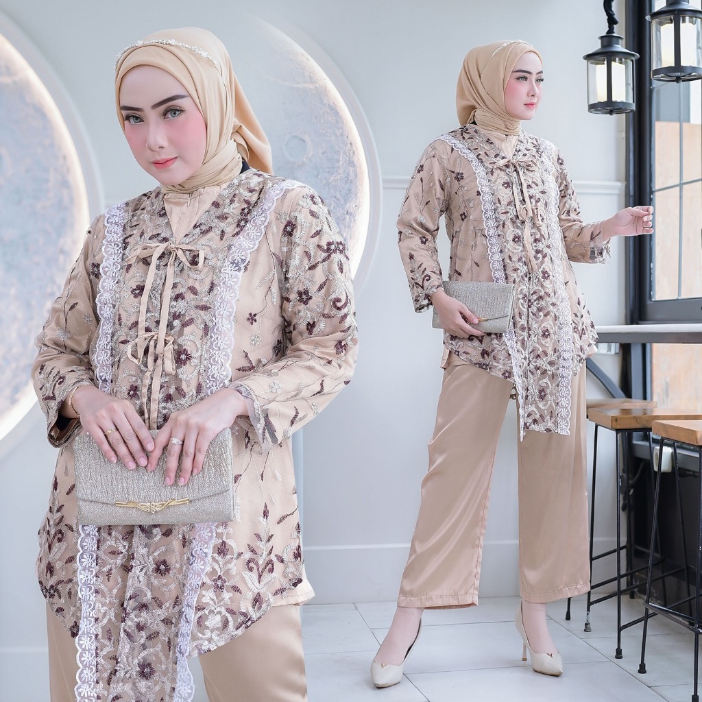 Puspa One Set 3in1 Tunik Celana Free Belt Outer Inner Tile Brokat Saten Velvet Premium Baju Lebaran 