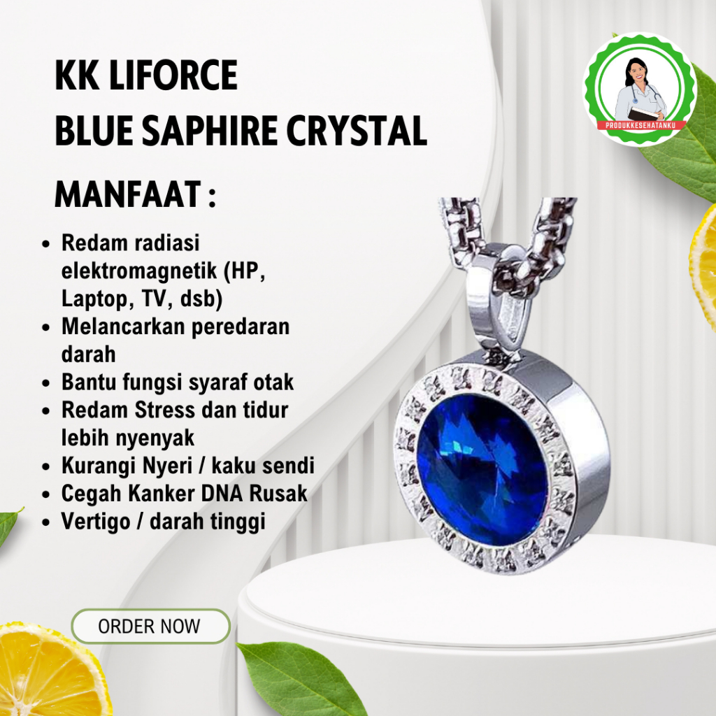 KK LIFORCE Kalung Blue Sapphire Crystal Kesehatan Anti Radiasi Original KK Indonesia