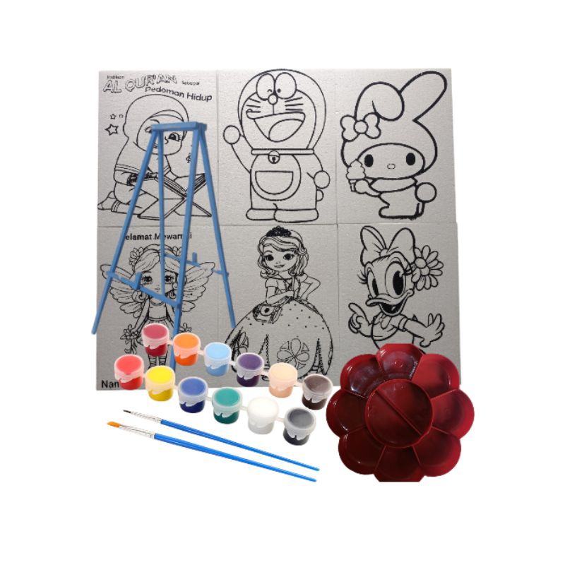 

Painting Kit Paket Lengkap Hemat – Mewarnai Styrofoam (Isi 6 Pcs) + Easel + Cat Air 12 Warna + Kuas 2 Pcs + Palette