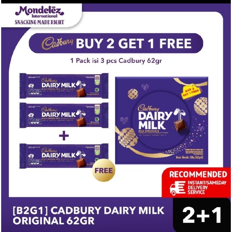 

Cadbury Plain CADBURY DAIRY MILK isi 3 pcs dalam 1 box ukuran 62gr 2+1