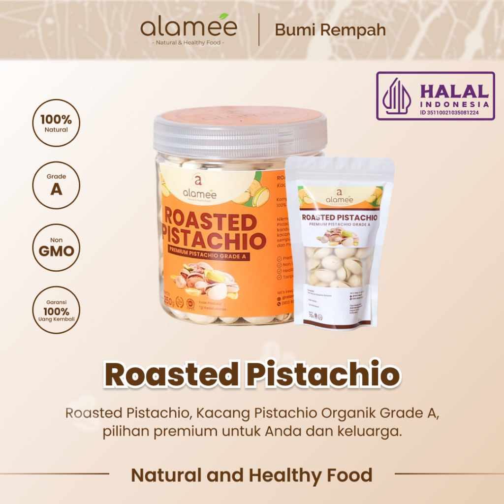 

ALAMEE Kacang Pistachio Pistacio Panggang Fustuk Roasted Premium Organic Dalam Cangkang Renyah 250g