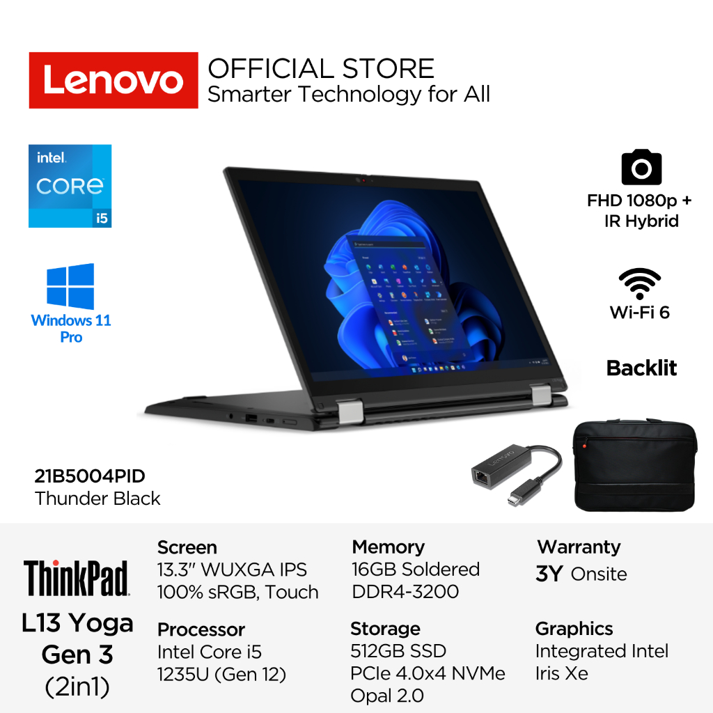 Lenovo 2in1 ThinkPad L13 Yoga Gen 3 4PID Intel Core i5 1235U Win11 Pro 16GB 512GB SSD 13.3" WUXGA IP