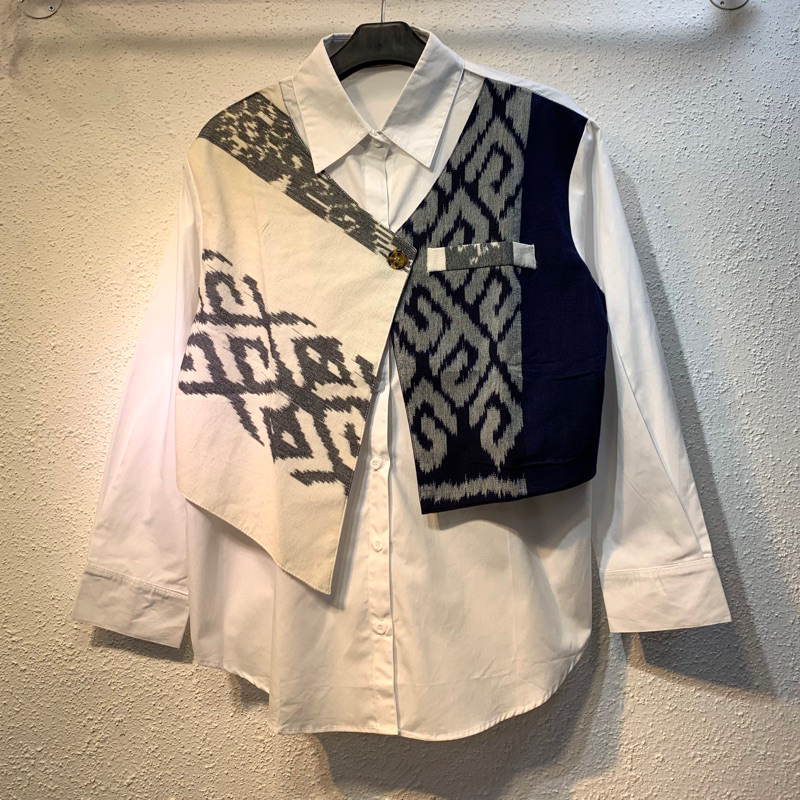 Frawlin | Atasan Wanita Batik Lengan Panjang Tenun Blouse Kemeja Kantor