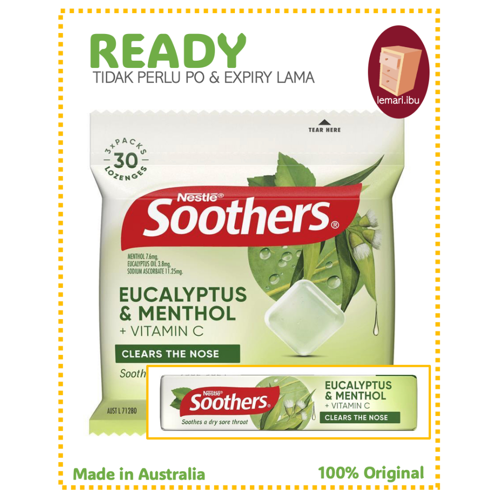 

Soothers Eucalyptus & Menthol 1 x 10 atau 3 x 10 Medicated Lozenge Multipack permen tenggorokan - 100% ORIGINAL Australia