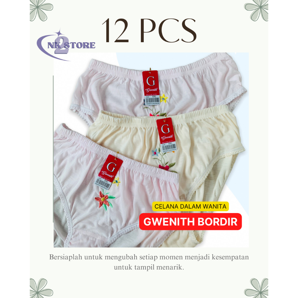 12 PCS CD Wanita Gwenith Bordir | Celana Dalam wanita murah BAHAN TEBAL | Karet Bungkus | Jumbo Size