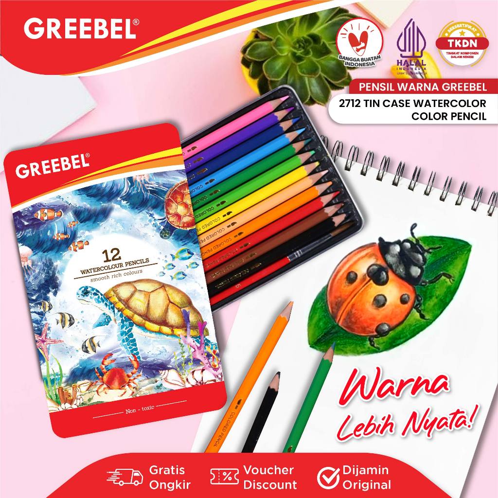 

GREEBEL Pensil Warna / Colored Pencil / Watercolor Tin Case 12 Warna (2712) / Warna Lebih Nyata