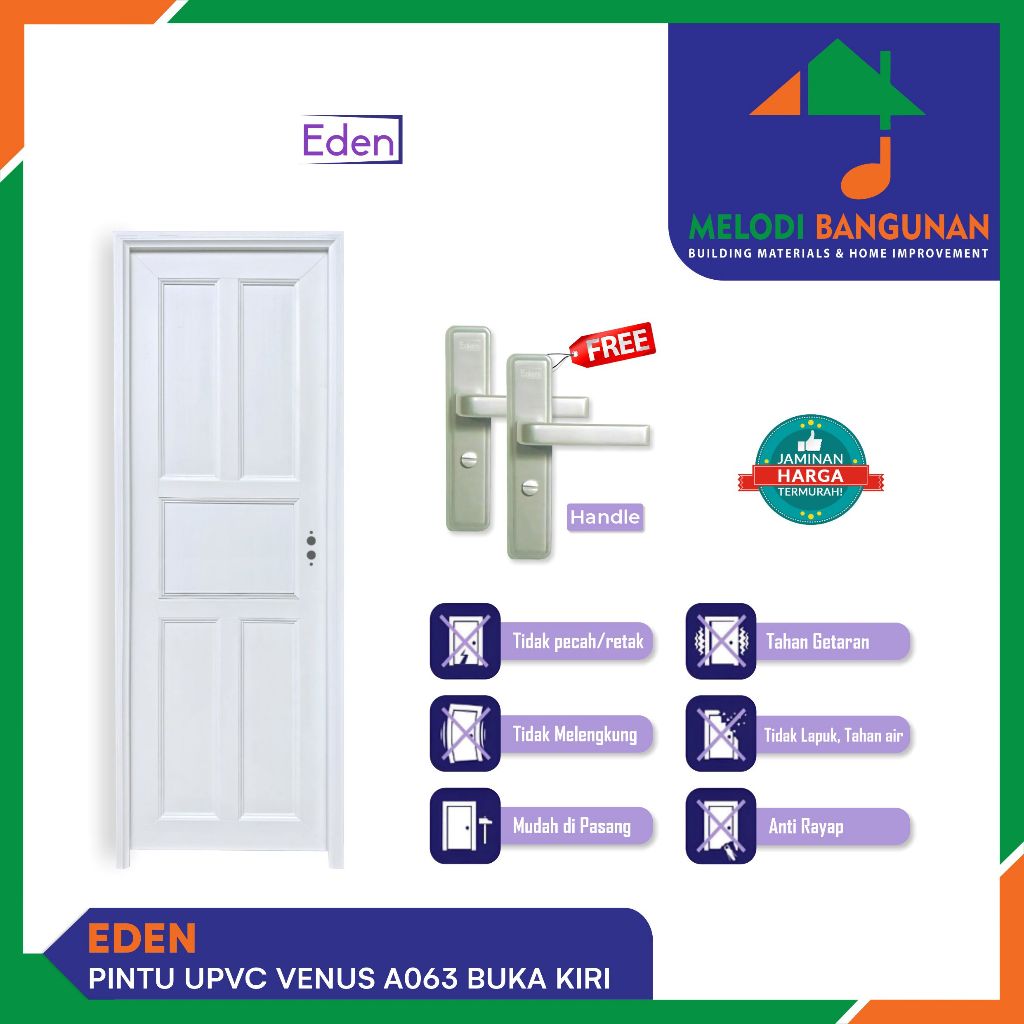 Eden - Pintu Kamar Mandi + Wc Upvc Venus A063 Buka Kiri White