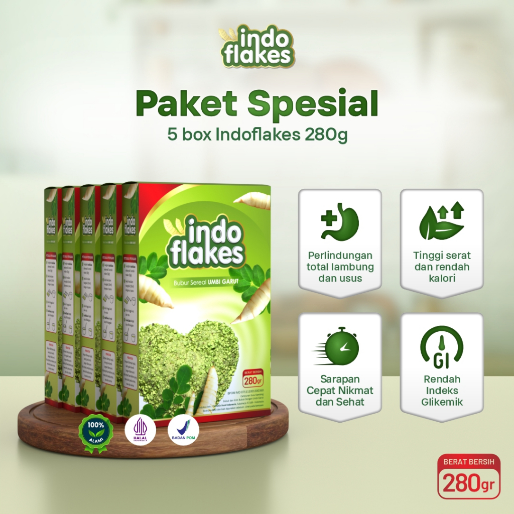 

Indoflakes Bubur Sereal Umbi Garut 5 Box Sarapan Bergizi untuk Mengatasi Magh & Lambung Sensitif