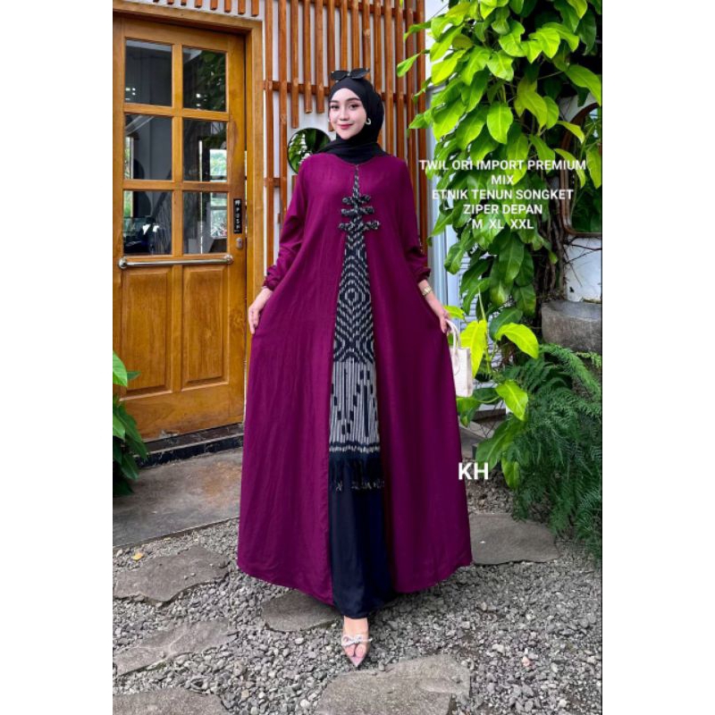 Gamis Twill Ori Import Premium Mix ETNIK Tenun Songket Ziper Depan M. XL XXL