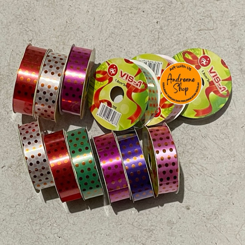 

Pita Plastik Jepang / Pita Kado/ Polypropylene Ribbon Polka Emas 306