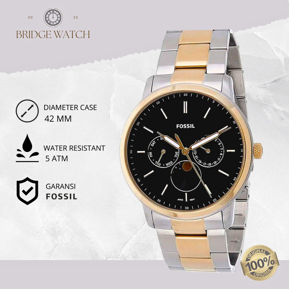 Jam Tangan Pria Fossil FS5906 Neutra Chronograph Moonphase Silver Gold Stainless Steel Strap Rantai 