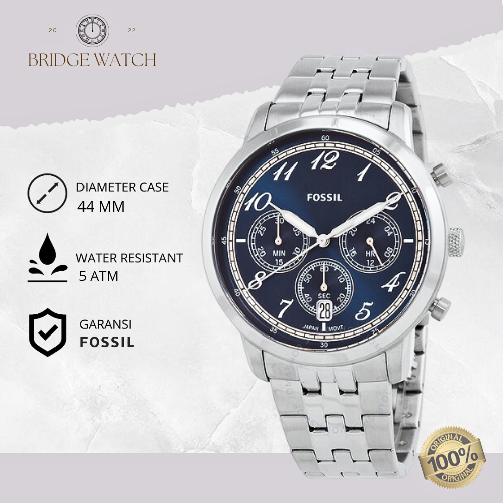 Jam Tangan Pria Fossil FS6025 Neutra Chronograph Silver Stainless Steel Strap Blue Dial Rantai Mewah