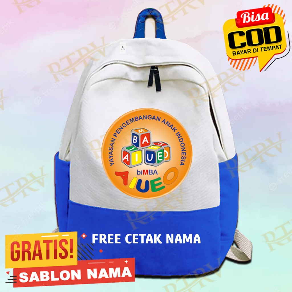 Tas Ransel Anak Bimba AIUEO / Tas Gendong Anak Sekolah TK SD Ngaji Laki Laki & Perempuan Custom Nama