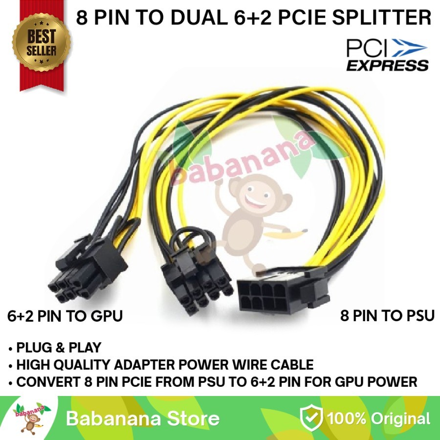 Kabel Splitter power PCIE 8 pin female to dual 6+2 pin male cabang VGA