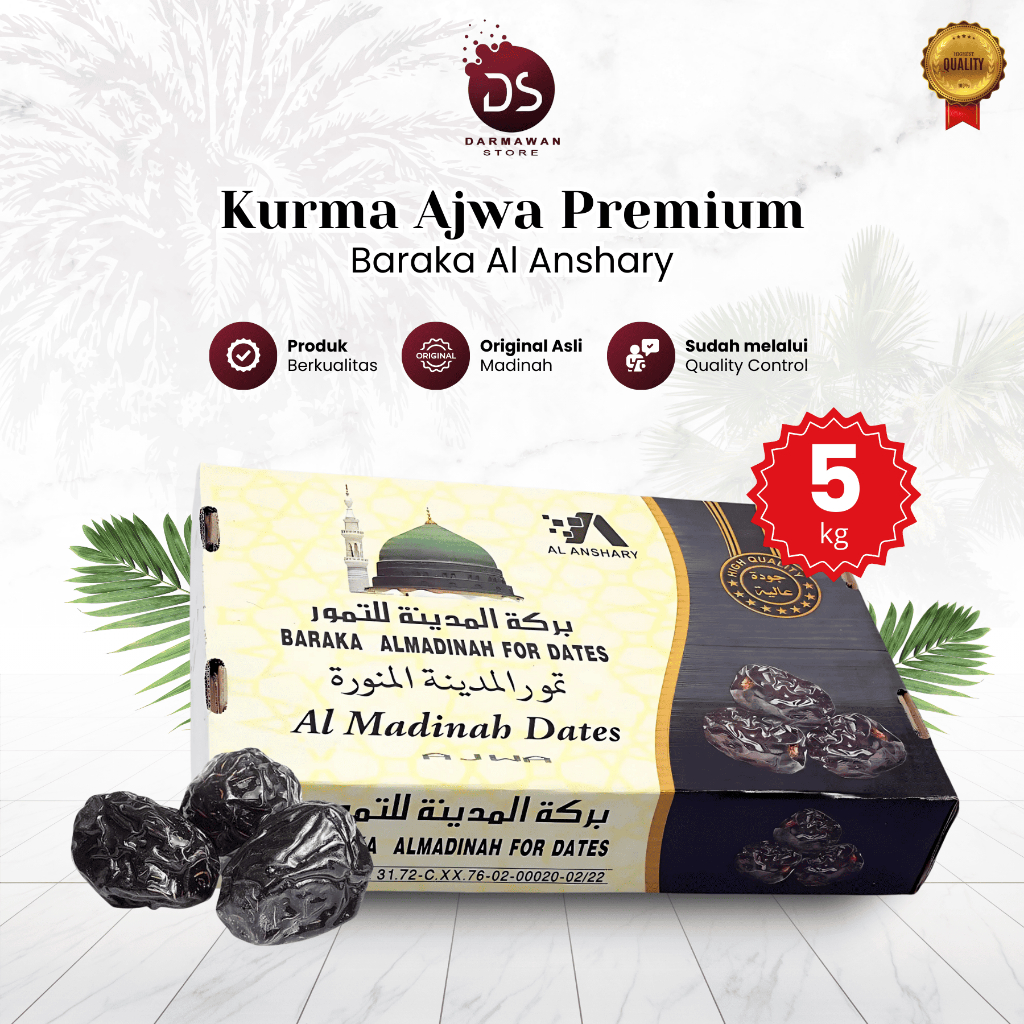 

Kurma Ajwa Premium Baraka Al Anshary Kemasan 5kg Asli Madinah Oleh Oleh Haji dan Umroh