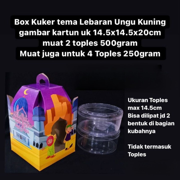 

Dus Tenteng Kue Kering Idul Fitri Box Jinjing Cookies Lebaran Motif Ungu Kuning Size 14.5x14.5x20 cm